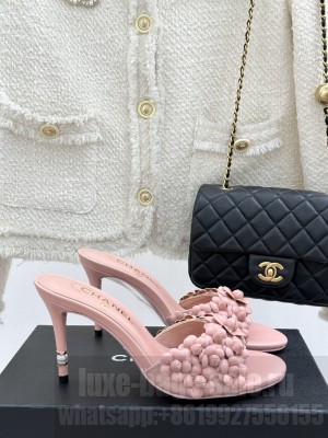 Chanel Lambskin Heel Slides Sandal 8cm with Camellia Bloom pink 2025