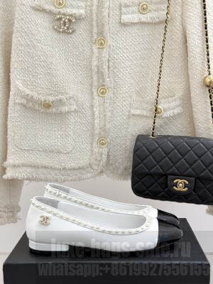 Chanel Lambskin & Patent Calfskin Ballet Flats with Pearls White 2025