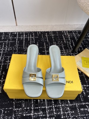 Fendi FFold medium-heeled slide sandals 6cm in Calfskin green