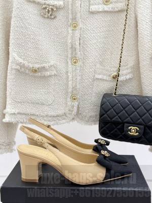 Chanel Camellia Bowknot Chunky Heel Slingback Sandals Beige 2025 