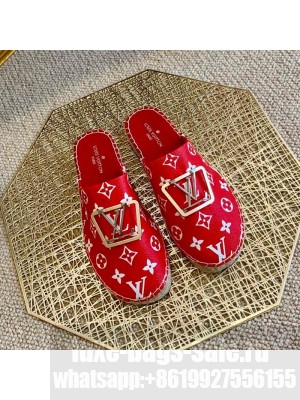Louis Vuitton Monogram Canvas Espadrille Flat Mules with Square LV Buckle Red 2021 Collection