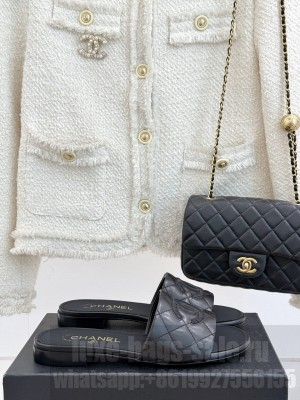 Chanel Quilted Velvet CC Logo Slide Flat Black 2025
