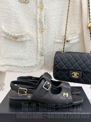 Chanel Goatskin CC logo Flat Sandal Black