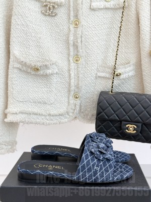 Chanel Quilted Denim Flat Slides Sandal with Camellia Navy 2025