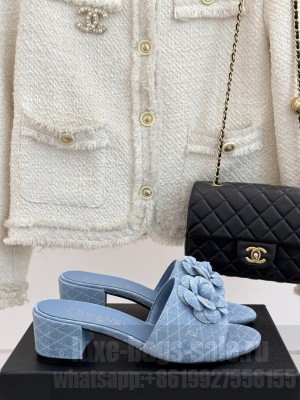 Chanel Quilted Denim Heel Slides Sandal 5cm with Camellia Light Blue 2025