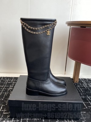 Chanel Calfskin with Dropped Chain High Boots Black