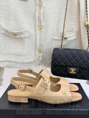 Chanel Goatskin CC logo Flat Sandal Beige