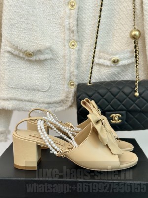 Chanel Glitter Heel 6cm Imitation Pearls G45812 Sandals Beige