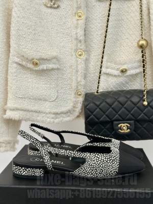 Chanel Strass & Grosgrain Slingback Flat G31318 White/Black 2024