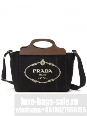 Prada Wooden Handle Canvas Tote Bag Black