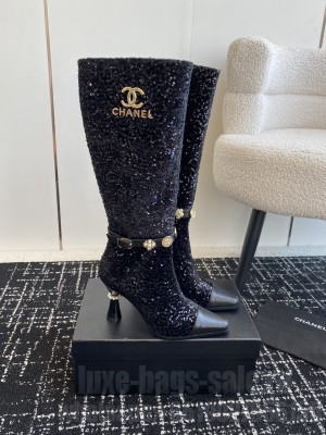 Chanel Tweed and Sequins with Charms Buckle Strap High Heel Boots Black 2024