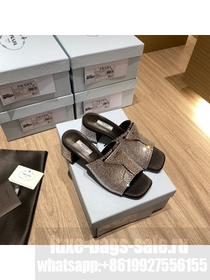 Prada 6cm Satin slides sandals With Cryscals Mule 2022 Collection,Silver