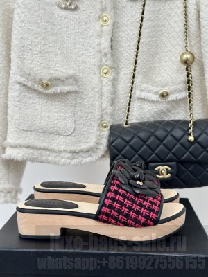 Chanel Calfskin Heel Slides Sandal 4cm with Camellia Bloom 016