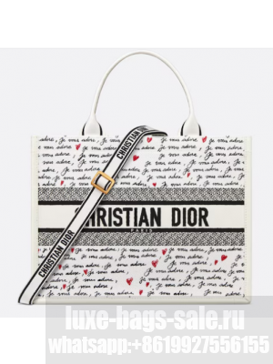 Dioramour Medium Dior Book Tote White Embroidery with Black and Red Je Vous Adore Motif and White Calfskin M1324CZBX