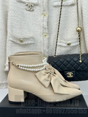 Chanel Calfskin 5.5cm with Maxi Bow and Pearls Ankle Boots Beige