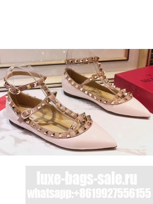 Valentino Rockstud Caged Ankle Strap Ballet Flats Ballerinas in Patent Leather Light Pink