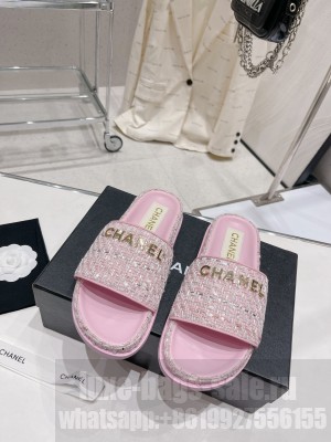 Chanel Tweed Flat Slide Sandals 2023SS Pink