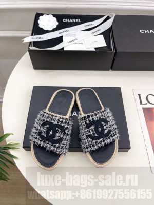Chanel Tweed CC Logo Espadrilles Slide Mules Grey 2025