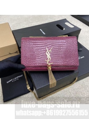 YSL KATE MEDIUM WITH TASSEL IN CROCODILE-EMBOSSED SHINY LEATHER 377829 Burgundy