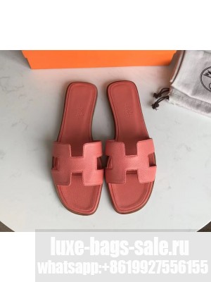 Hermes Oran Flat slippers in epsom leather lobster pink with brown piping