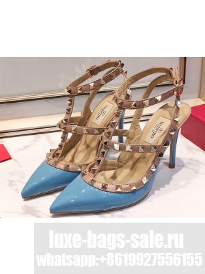 Valentino Heel 9.5cm Rockstud Caged Pumps in Patent Leather Blue