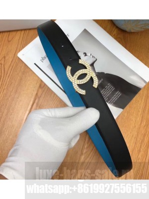 Chanel Width 3cm Crystal CC Logo Buckle Leather Belt Black/Blue