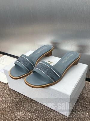 Dior Dway Heeled 3cm Slide Pastel Blue Calfskin and Embroidered Cotton With Pearls Flats 2025