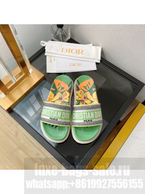 Dior Dway Flat Slide Sandals in Green Multicolor D-Flower Pop Cotton Embroidery 2022 Collection