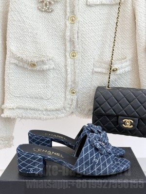 Chanel Quilted Denim Heel Slides Sandal 5cm with Camellia Navy 2025