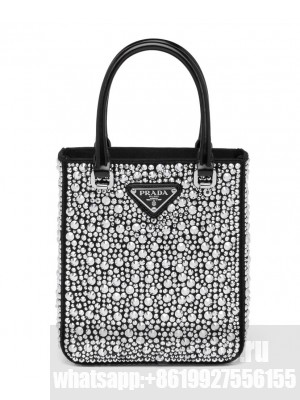 Prada Small crystal-studded satin tote bag 1BA331 Black