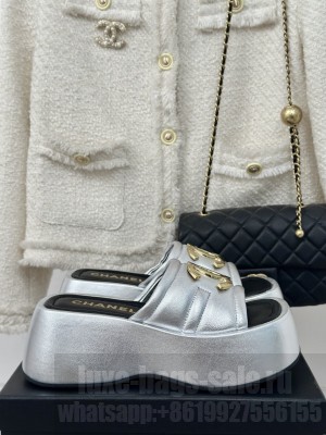 Chanel Gold CC 7CM Platform Mules Leather Silver 2024 Silver