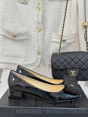 Chanel Patent Leather Rhinestone Bow Chunky Heel 2025 Black