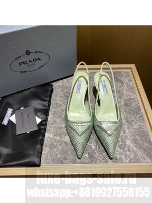 Prada Women's 5.5cm Satin Slingback Sandals With Crystals 2022 Collection,Green