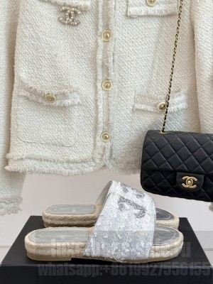 Chanel Tweed Espadrilles Crystal CC Logo Slide Mules Gray