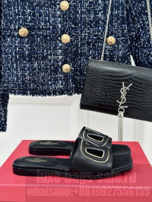 Valentino Garavani VLogo cut-out slide sandal in calfskin leather black