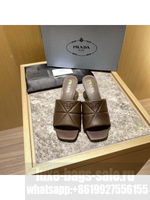 Prada Quilted leather 65 mm varnished heel slides sandals Mule 2022 Collection,Coffee