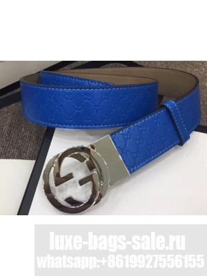 Gucci Width 4cm Signature Leather Belt Blue with Interlocking G Buckle