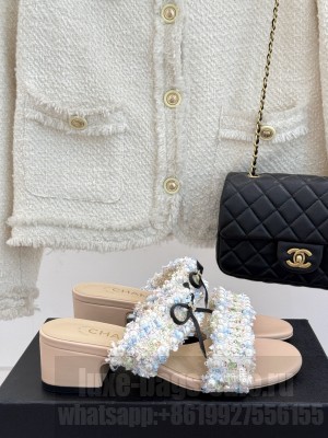 Chanel Tweed & Pearls Heel Slides Sandal 5cm with Bow Beige 2025