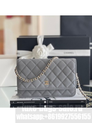 Chanel Grained Calfskin Classic Wallet on Chain WOC Grey/Light Gold 2024 Top Quality