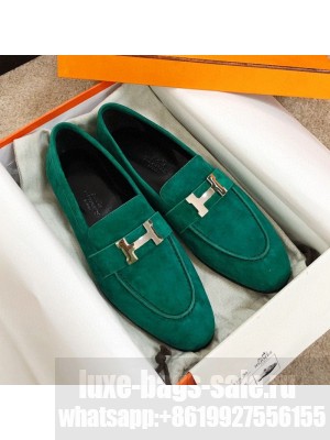 Hermes Paris Suede Flat Loafers Green 2020 Collection