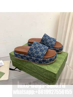 Gucci 100 GG Denim Platform Slide Sandals Dark Blue 2022 Collection 06