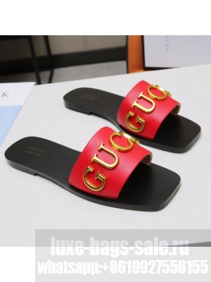 Gucci Gold Signature Calfskin Slide Sandals Red 2021 (For Women and Men) Collection