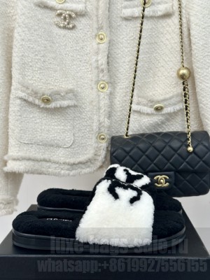 Chanel Women's CC Logo Shearling Fur Moccasins Slide Black/White 2024