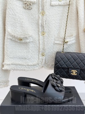 Chanel Lambskin Heel Slides Sandal 5cm with Camellia Black 2025