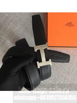Hermes Width 3.2cm Reversible Leather Constance H Buckle Belt Black/Silver