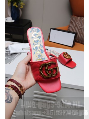 Gucci Calfskin Flat Slide Sandals with Aged Gold GG Red 2021 Collection