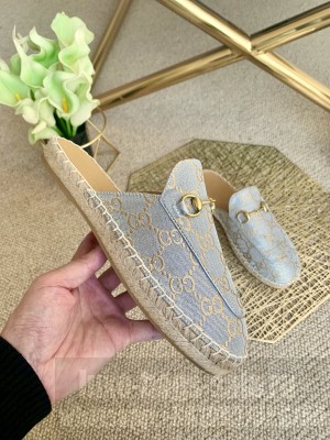 GUCCI UNISEX CANVAS HORSEBIT ESPADRILLES SLIPPERS LIGHT BLUE 2021 Collection