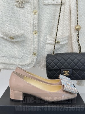 Chanel Patent Leather Rhinestone Bow Chunky Heel 2025 Pink