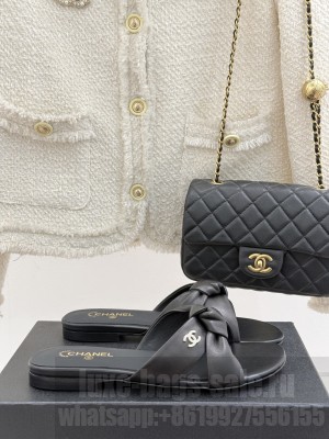 Chanel Lambskin Flat Thong Slide Sandals with Bow black 2025