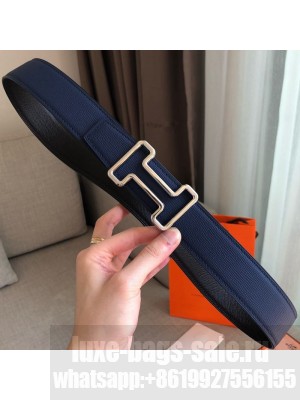 Hermes Tonight Reversible Leather Buckle Belt 38mm Blue/Black/Silver 2019 Collection